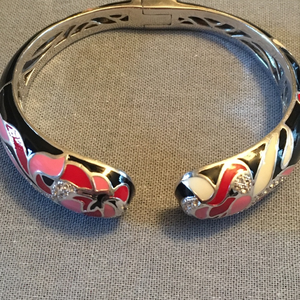 Sterling Silver Enameled Hinged Cuff Bangle Bracelet with White Sapphires